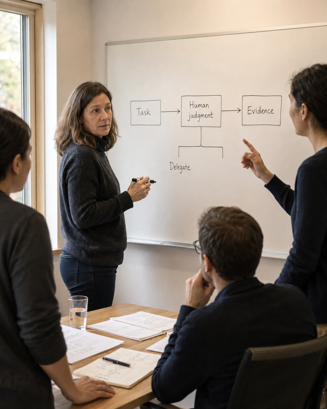a supervisor at a whiteboard with a team